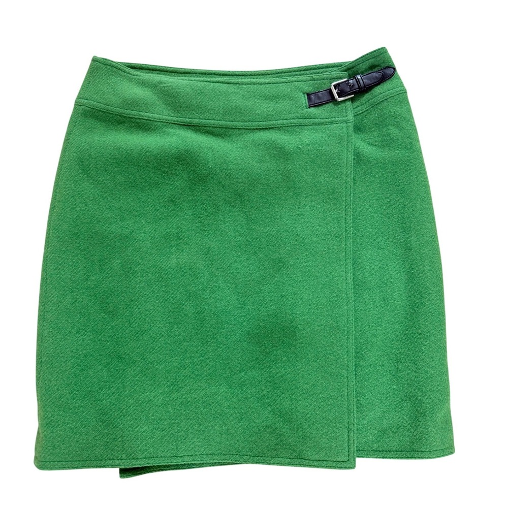 Ralph Lauren Green Wool Blend Wrap Mini Skirt with Black Buckle size 8